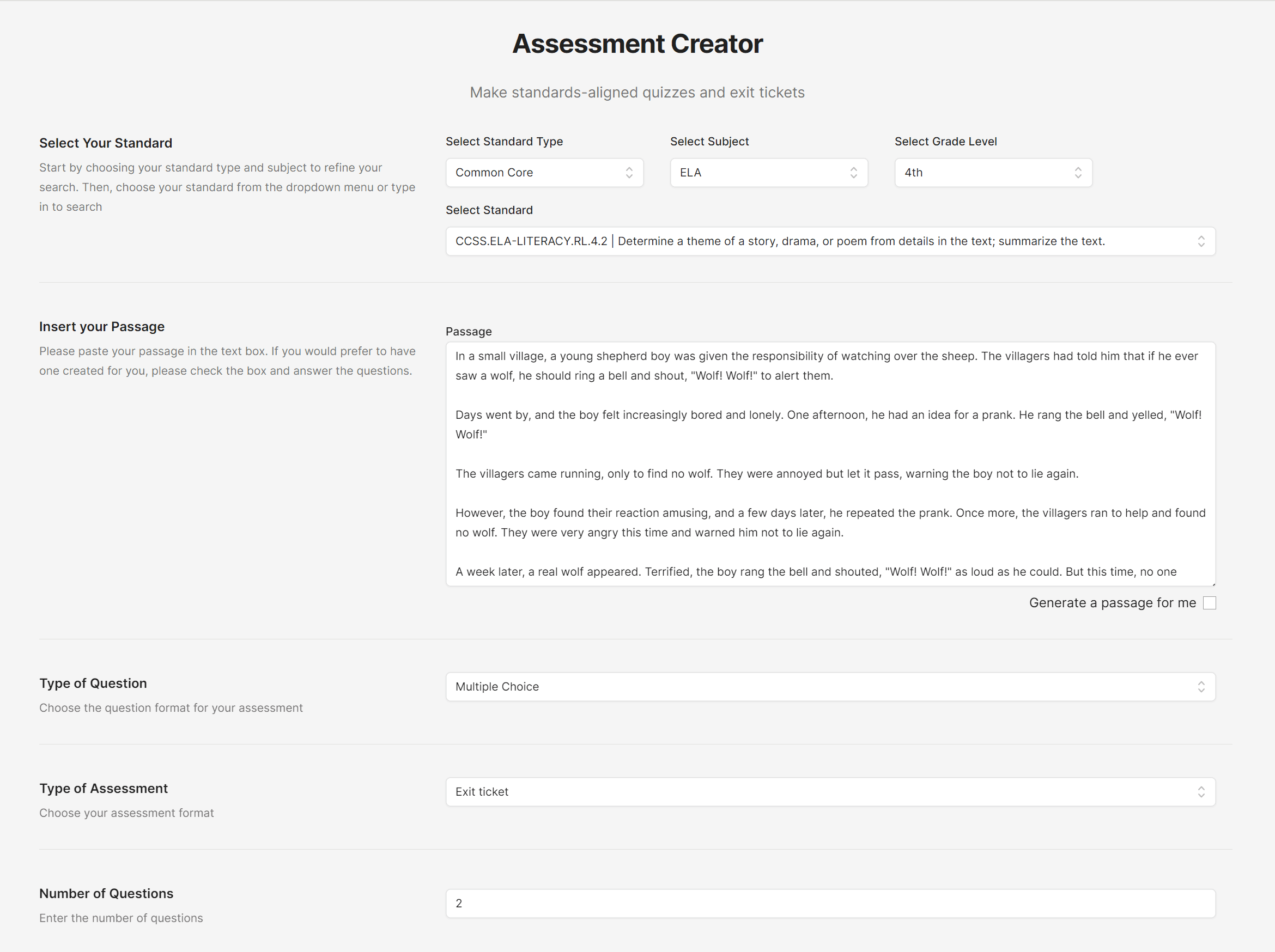 Product screenshot for making a request in assessment creator tool
